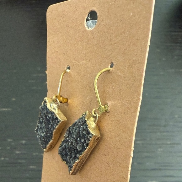 Women’s Elegant Gold-Trimmed Black Druzy Earrings - Picture 2 of 3